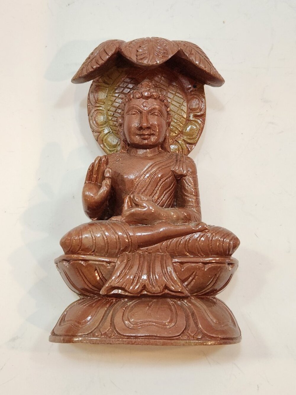 Hand-Carved Natural Soapstone Seated Buddha Statue with Bodhi Leaf Canopy